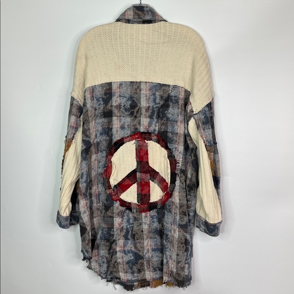 Pol Peace Patch Plaid Color Block Top Long Sleeve Button Up Shirt Size Medium - Picture 4 of 10